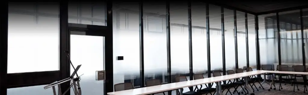 Big meeting room with full glass walls equipped with privacy glass